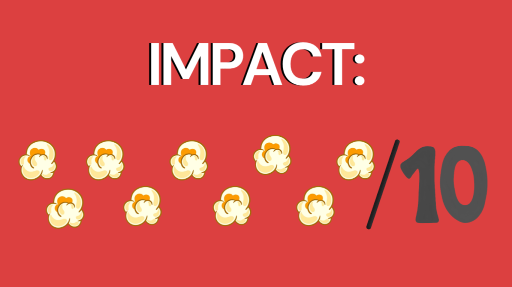 A graphic featuring the word 'IMPACT:' in large font, followed by pop corn illustrations and a rating of 10/10 on a red background.