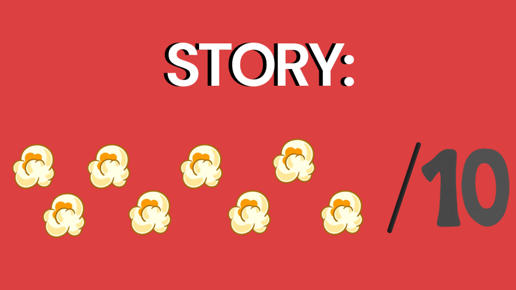 Image featuring the word 'STORY:' in bold text above several popcorn illustrations and a score of '/10' on a red background.