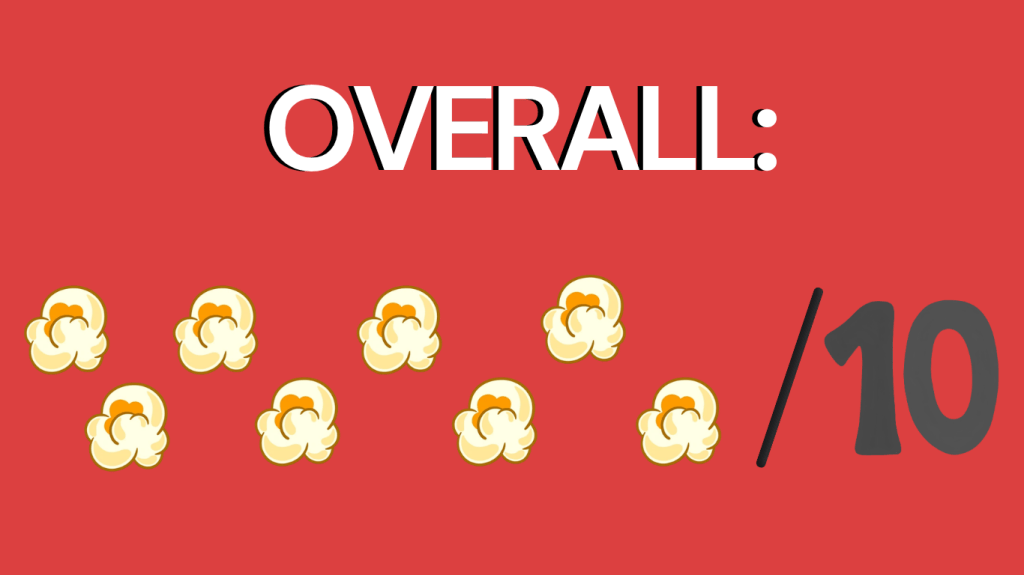 A rating card displaying the word 'OVERALL:' followed by seven popcorn icons and a score of 7/10 on a red background.